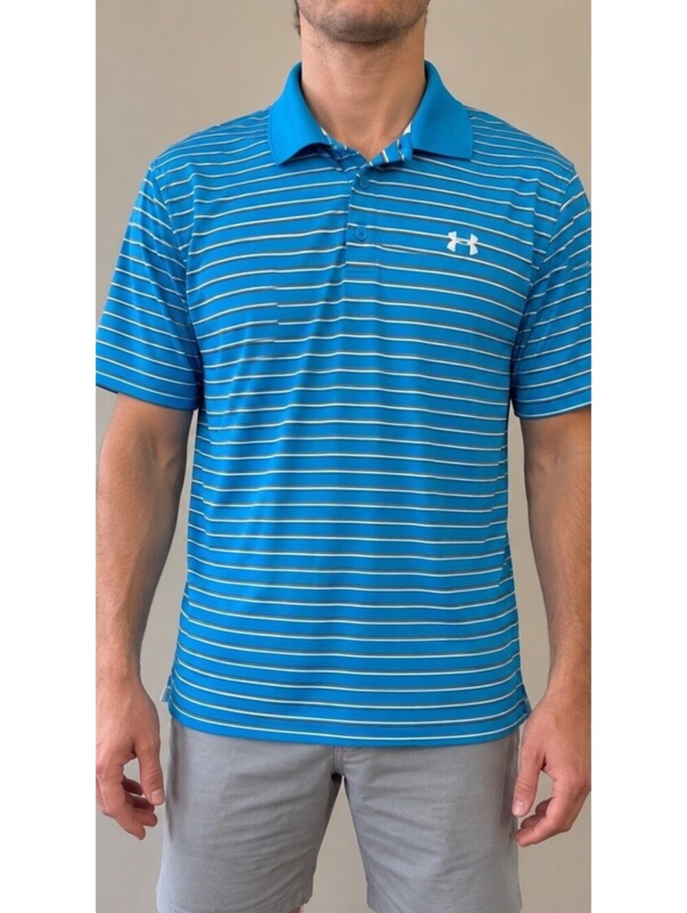 Under Armour HeatGear Polo Men’s L Blue Gray White Stripe Loose Golf Shirt Large
